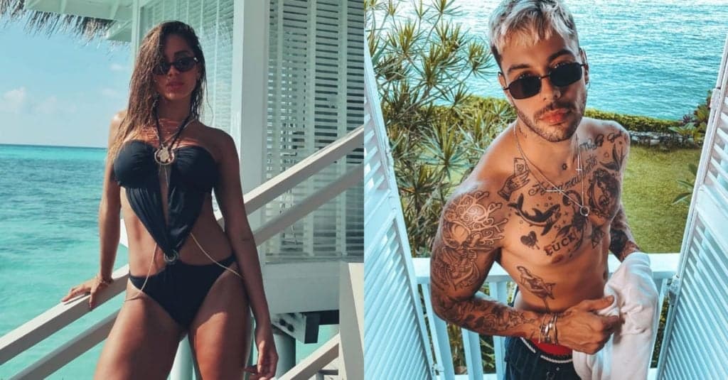 Anitta aparece de maiô fio dental em live e faz enquete com namorado, Gui Araújo: "Quem dos dois é o pior partido?"