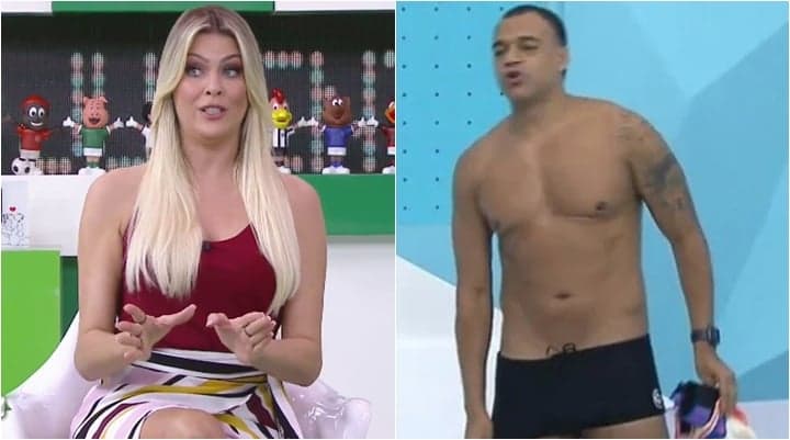 Denilson ficou apenas de sunga no Jogo Aberto. (Foto: Montagem/Reprodução)