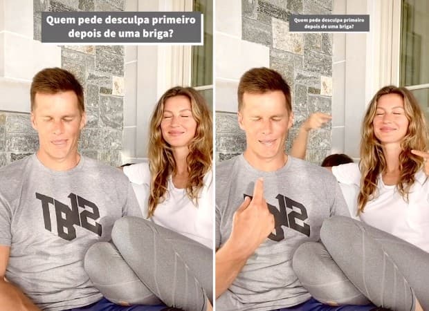 Momento em que Tom Brady e Gisele Bündchen realizam os questionamentos no TikTok (Foto: Reprodução) Momento em que Tom Brady e Gisele Bündchen realizam os questionamentos no TikTok (Foto: Reprodução)