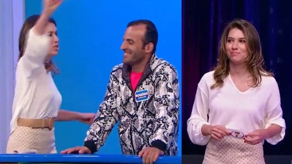 Rebeca Abravanel 'surta' em palco do SBT e despeja perfume na cabeça de convidado: "Não erra o buraco"