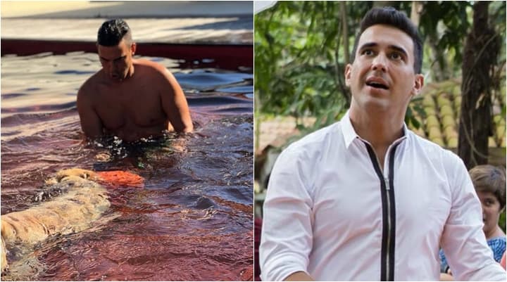 Susto! André Marques deixa público perplexo ao ser flagrado em piscina vermelha: “Sangue”