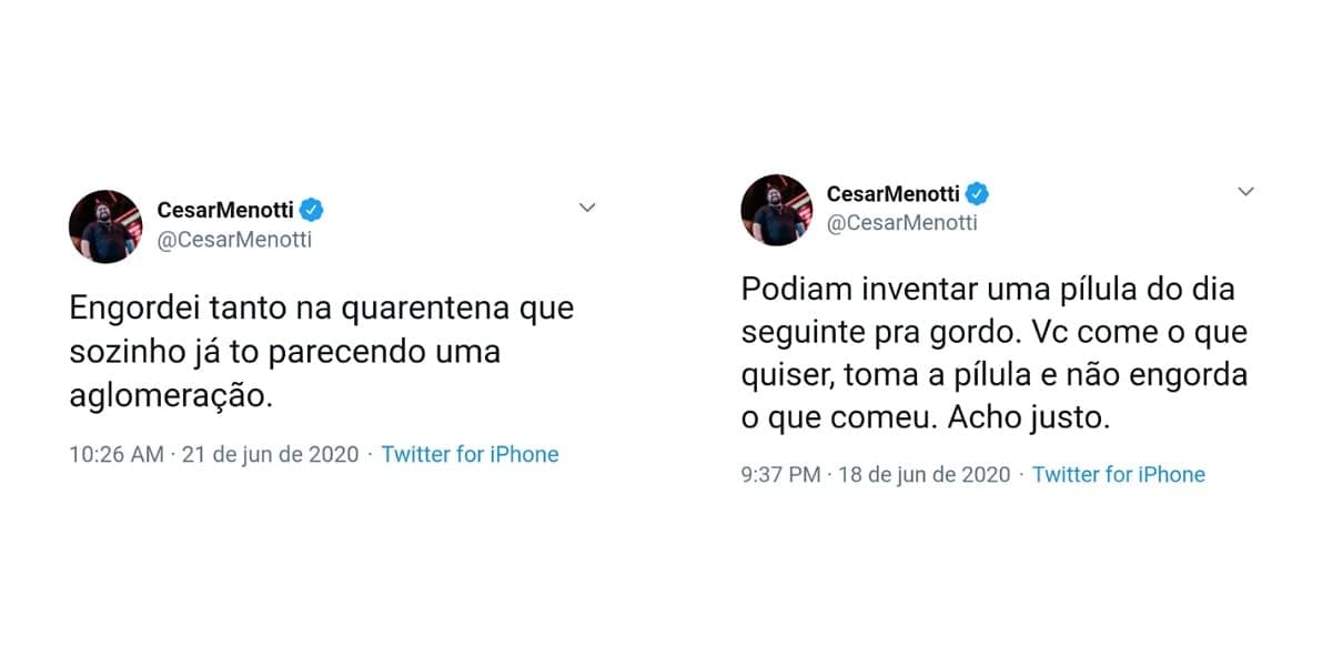 César Menotti fala no twitter sobre aumento de peso em meio ao isolamento social (Foto: Reprodução/Twitter) César Menotti fala no twitter sobre aumento de peso em meio ao isolamento social (Foto: Reprodução/Twitter)