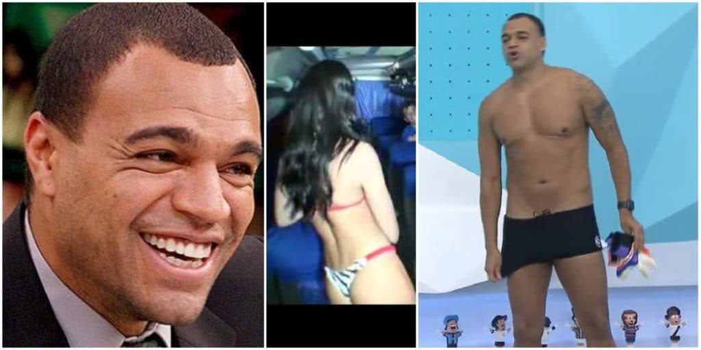 Denílson, após escancarar relação com Neto, é flagrado chutando bola em ônibus com mulheres seminuas