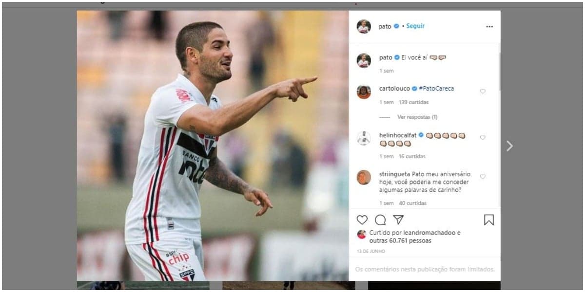 Pato com os comentários de suas publicações bloqueados (Foto: Reprodução/Instagram) Pato com os comentários de suas publicações bloqueados (Foto: Reprodução/Instagram)