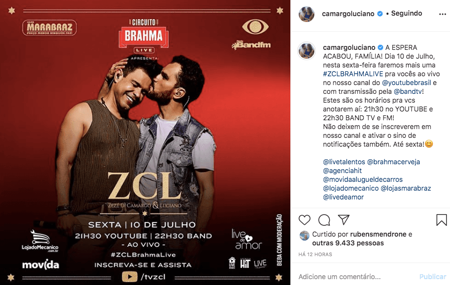 Luciano Camargo anunciou uma nova live com o irmão (Foto: reprodução/Instagram) Luciano Camargo anunciou uma nova live com o irmão (Foto: reprodução/Instagram)