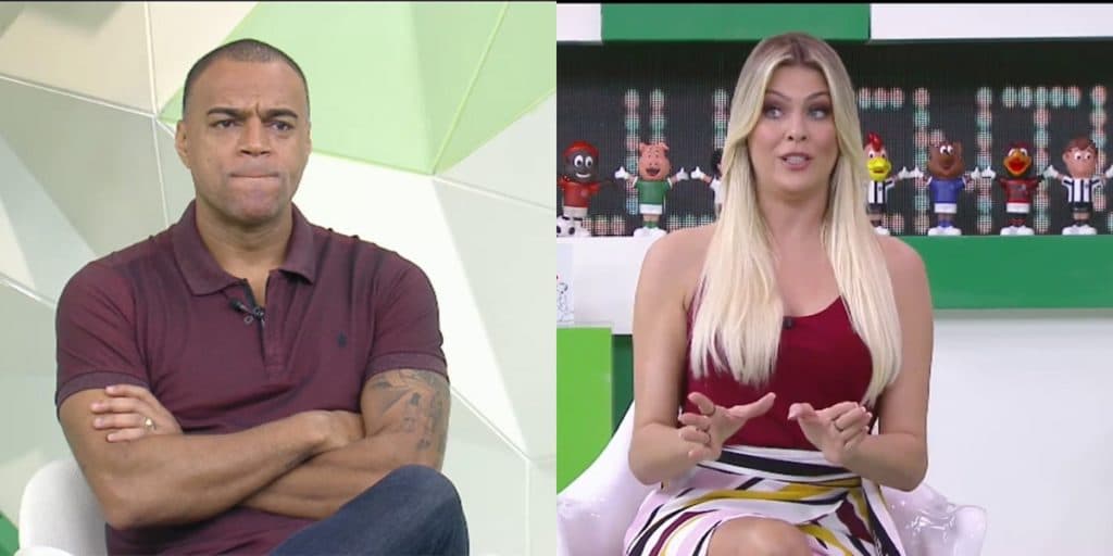 Renata Fan se descontrola ao vivo do lado de Denilson, ao ver parte gigante do corpo pra fora: "Tamanho do negócio"