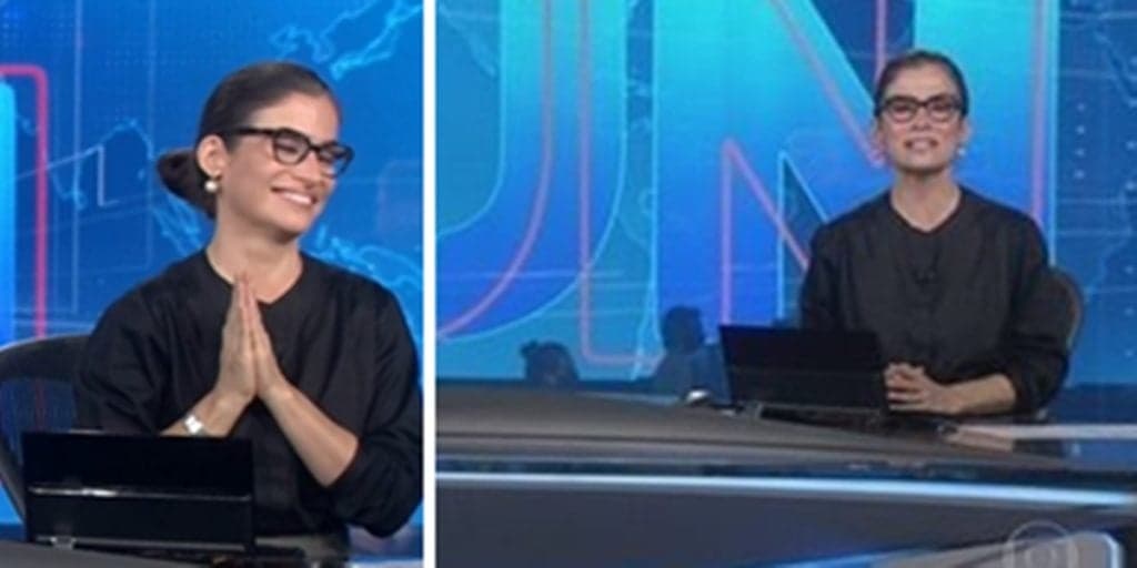 Renata Vasconcellos junta as mãos pra cima, olha para Bonner ao vivo na bancada do JN e se descontrola com o que vê
