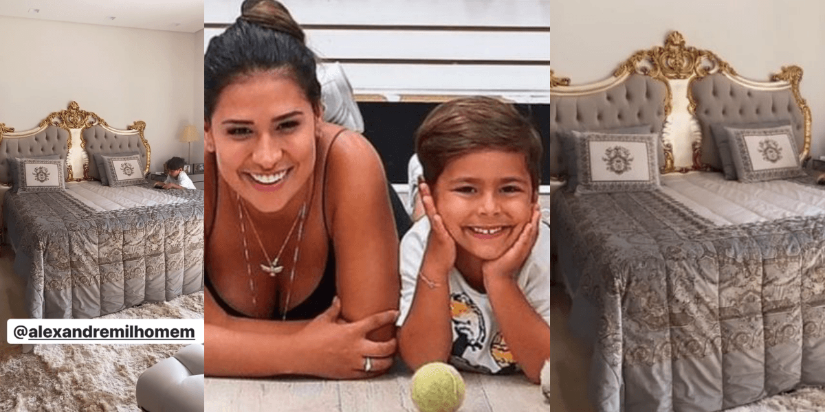 Simone com seu filho. Cama gigante (Foto: Reprodução)
