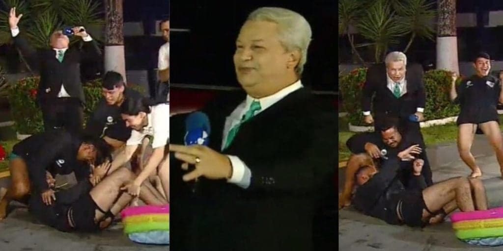 Sikêra Jr coloca elenco em estacionamento de emissora de sunga, usa lubrificante e público fica chocado: “Arrombou”