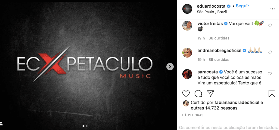 Andréa de Nóbrega comentou a publicação de Eduardo Costa (Foto: reprodução/Instagram) Andréa de Nóbrega comentou a publicação de Eduardo Costa (Foto: reprodução/Instagram)