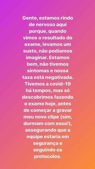 Cantora tranquiliza fãs sobre teste positivo de Covid-19 - (Reprodução/Instagram)