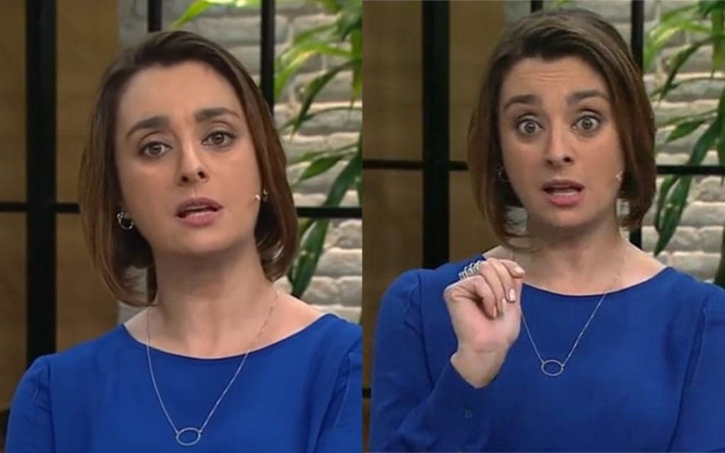 Cátia Fonseca, um dia após surtar ao vivo na Band e quebrar tudo, utiliza armamento de guerra em seu programa