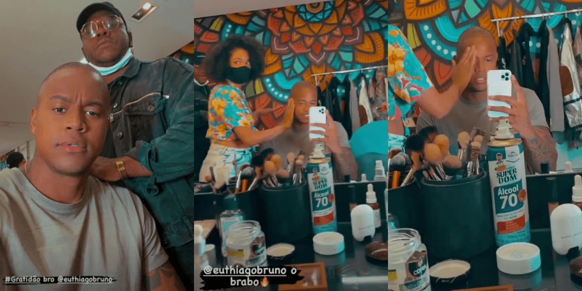 Léo Santana é maquiado nos bastidores (Foto: Montagem)
