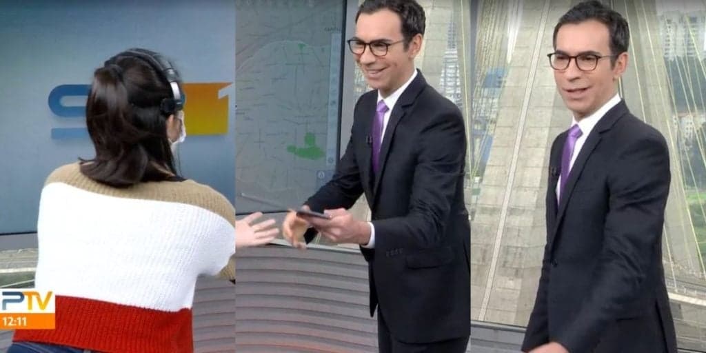 César Tralli interrompe jornal ao vivo, faz exigência em estúdio e mira no fundo dos olhos de mulher: "Pode passar"