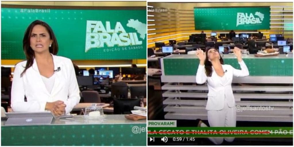 Após revelar segredo da bancada do Fala Brasil, Carla Cecato ajoelha em frente às câmeras e deixa público perplexo