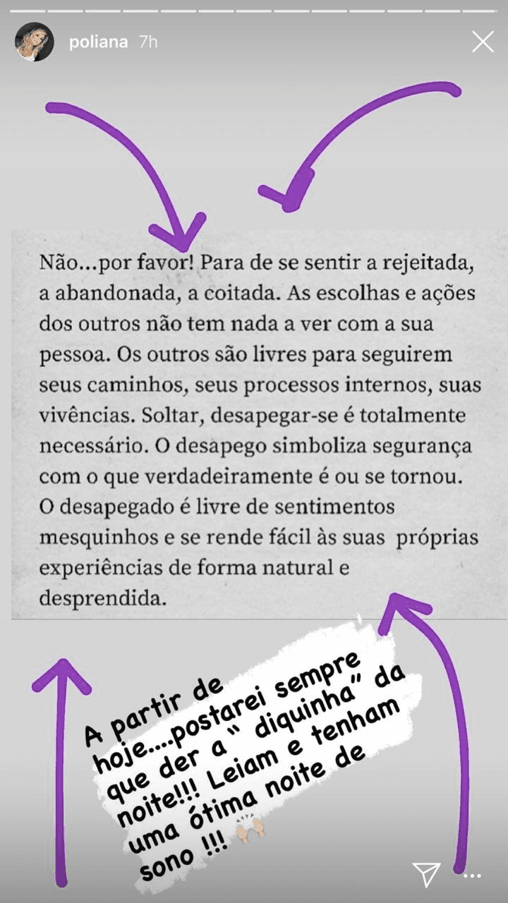 Poliana Rocha em seu stories (Foto: reprodução/Instagram) Poliana Rocha em seu stories (Foto: reprodução/Instagram)