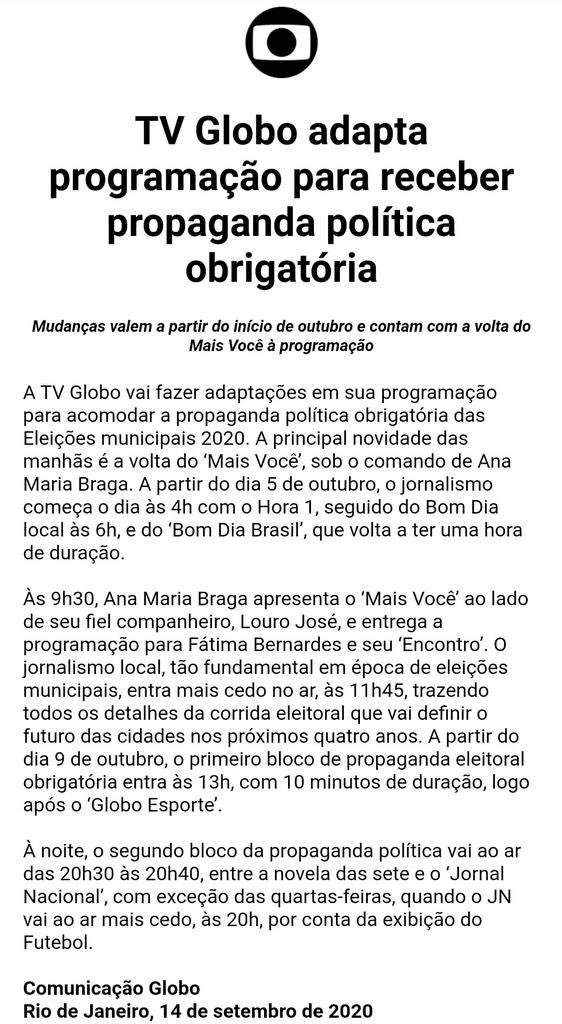 Comunicado da Globo sobre a volta de Ana Maria Braga (Foto: reprodução)