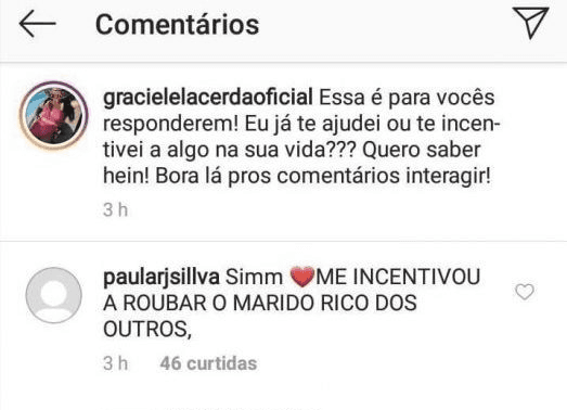 Graciele Lacerda recebeu uma resposta inusitada (Foto: reprodução) Graciele Lacerda recebeu uma resposta inusitada (Foto: reprodução)