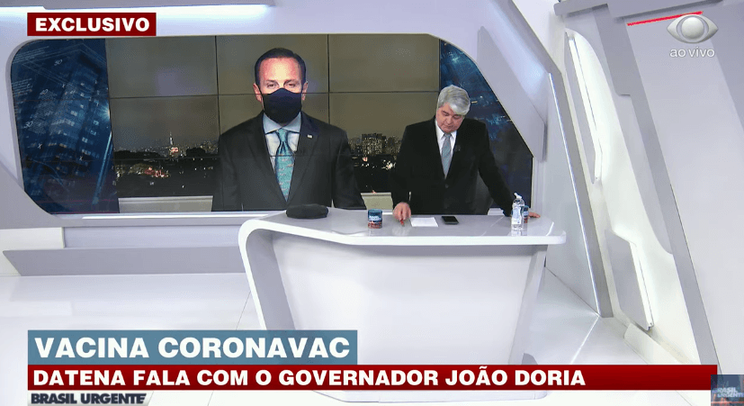Datena bateu boca com João Dória ao vivo na Band (Foto reprodução)