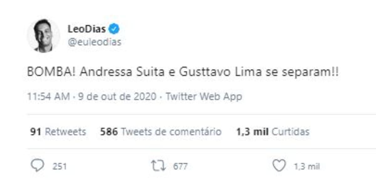 Leo Dias anunciou separação de Gusttavo Lima e Andressa Suita (Foto: Reprodução/Twitter) Leo Dias anunciou separação de Gusttavo Lima e Andressa Suita (Foto: Reprodução/Twitter)