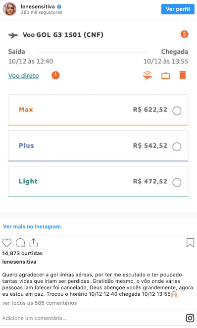 Lene Sensitiva agradece cancelamento do voo (Reprodução)