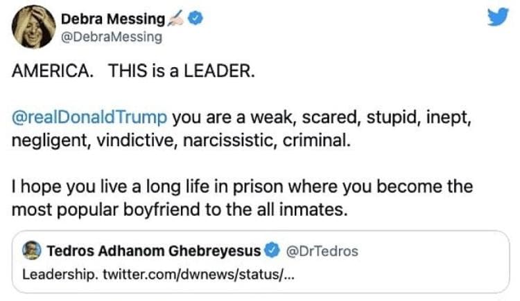 Tuíte de Debra Messing sugerindo que Trump seria estuprado na cadeia (Foto: Reprodução) Tuíte de Debra Messing sugerindo que Trump seria estuprado na cadeia (Foto: Reprodução)