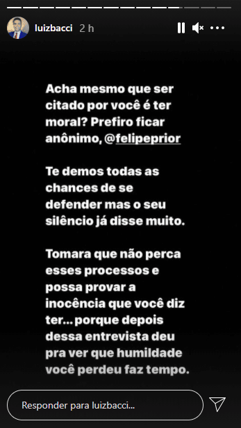 Luiz Bacci fez questão de massacra Felipe Prior (Foto: Reprodução/ Instagram)