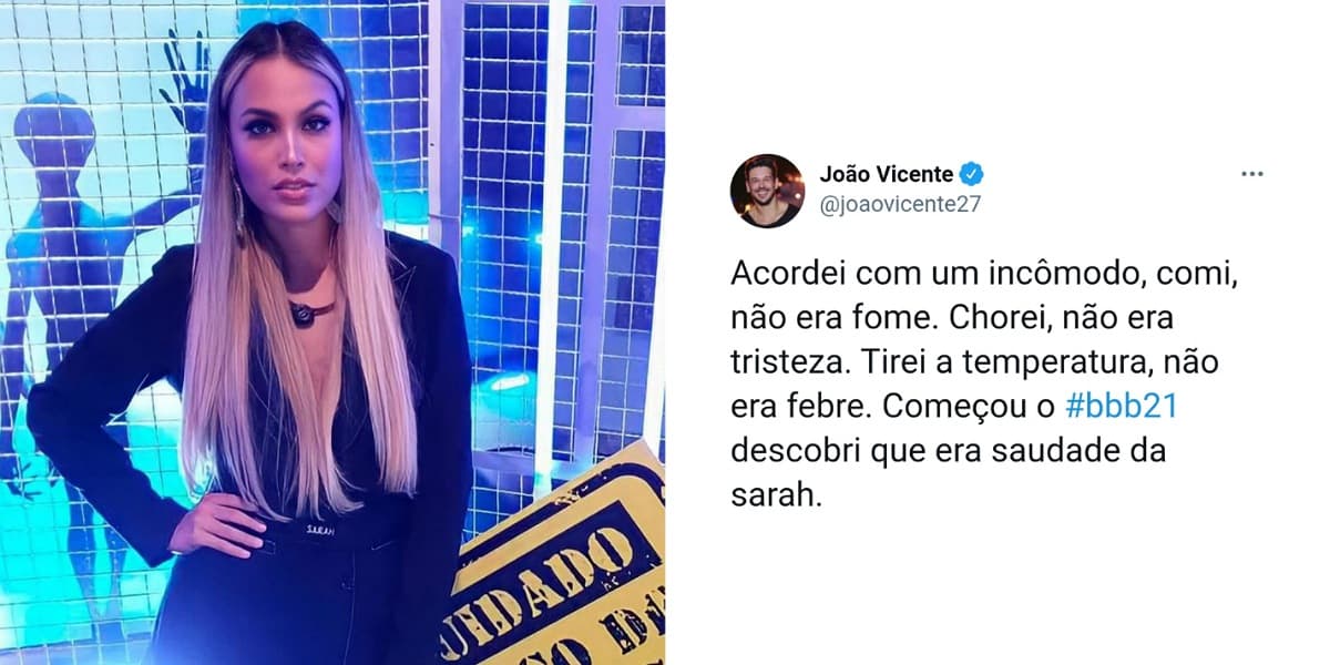 BBB21: Vicente de Castro revela crush em Sarah - Foto: Reprodução BBB21: Vicente de Castro revela crush em Sarah - Foto: Reprodução