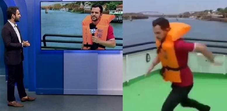 Repórter da Globo, Romeu Neto, ameaçou se jogar em rio no jornal (Foto: Reprodução / TV TEM) Repórter da Globo, Romeu Neto, ameaçou se jogar em rio no jornal (Foto: Reprodução / TV TEM)