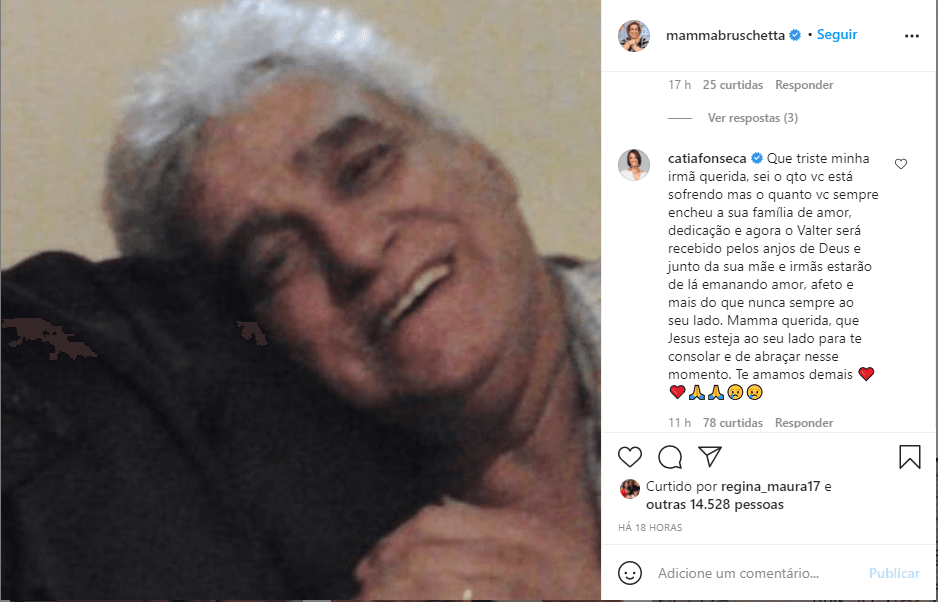 Cátia Fonseca deixou uma mensagem de consolo para Mamma Bruschetta, que perdeu seu irmão querido (Foto: Reprodução) Cátia Fonseca deixou uma mensagem de consolo para Mamma Bruschetta, que perdeu seu irmão querido (Foto: Reprodução)