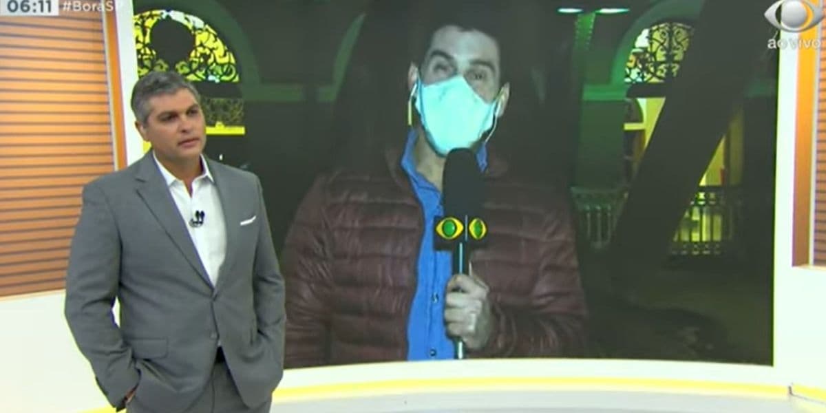 Joel Datena em link com o repórter Mark Figueiredo (Reprodução: Band)