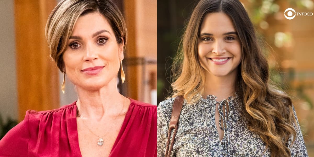 Foto montagem da novela Salve-se Quem Puder de Helena com vestido vermelho e Luna com camisa com flores pequenas