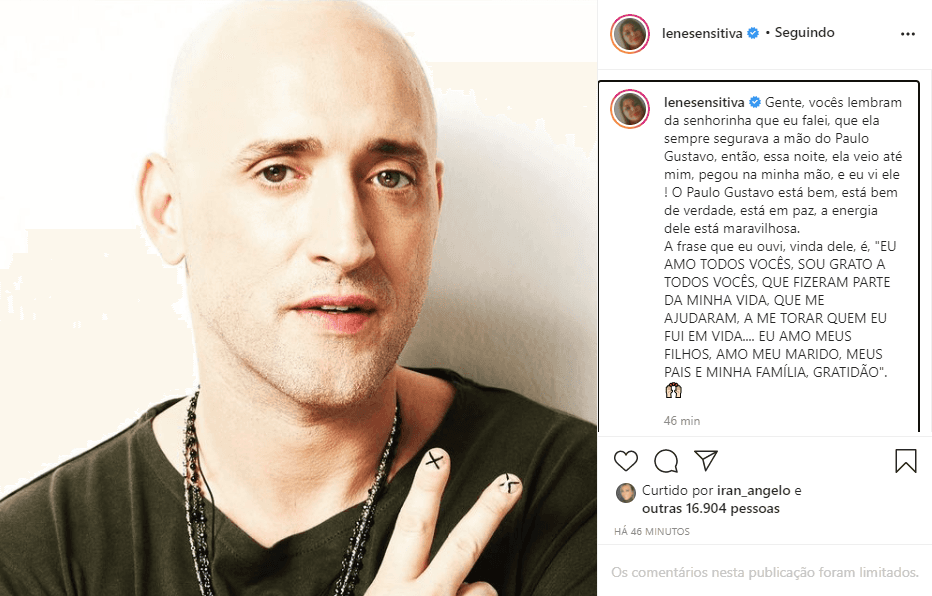 Lene Sensitiva disse que teve contato com Paulo Gustavo e relatou mensagem do ator (Foto: Reprodução/ Instagram)