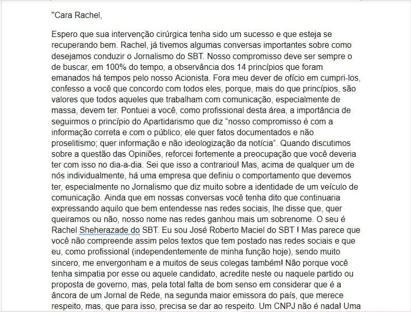E-mail de José Roberto Maciel para Rachel Sheherazade (Foto: Montagem/TV Foco) E-mail de José Roberto Maciel para Rachel Sheherazade (Foto: Montagem/TV Foco)