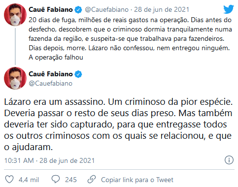 Publicação de Cauê Fabiano (Imagem: Reprodução) Publicação de Cauê Fabiano (Imagem: Reprodução)