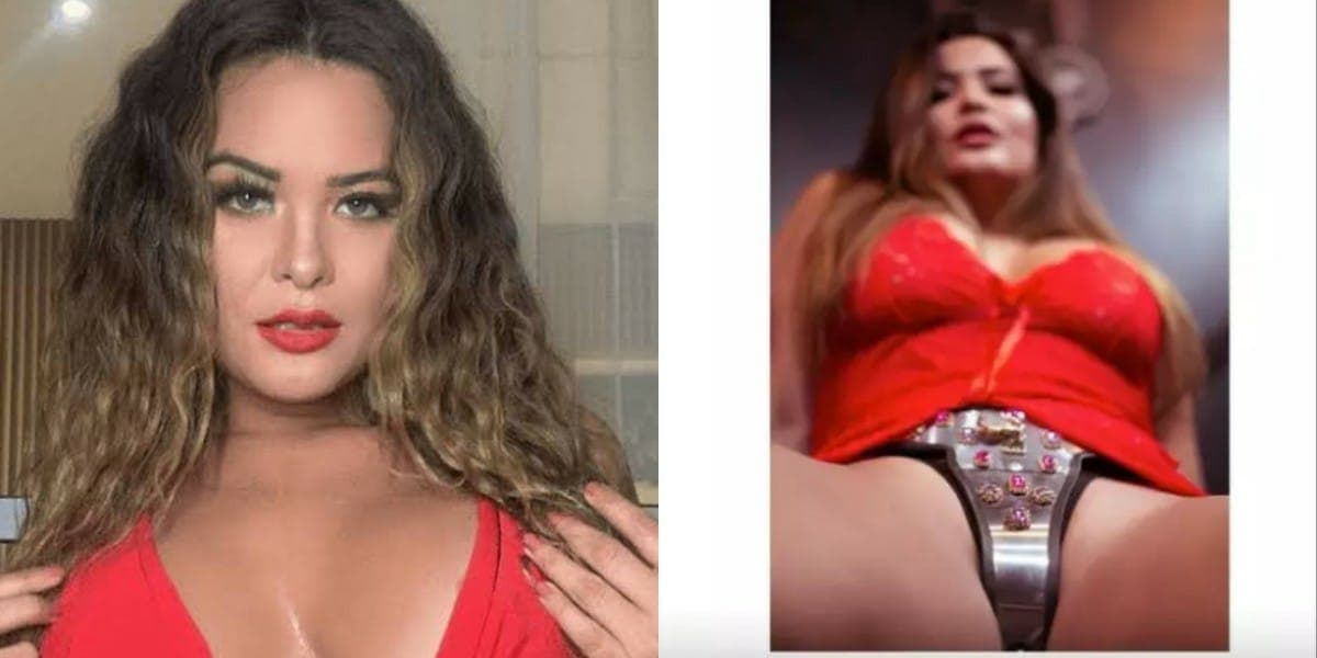 Geisy Arruda abre as pernas e mostra parte íntima dividida por calcinha de ferro (Foto: Reprodução)