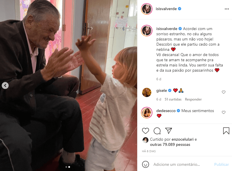 Isis Valverde lamentou com pesar a notícia da morte de seu avô (Foto: Reprodução/ Instagram)