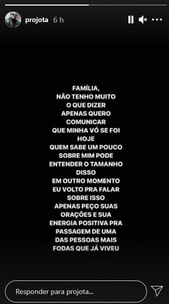 Projota faz anúncio sobre morte da avó (Foto: Reprodução/Instagram) Projota faz anúncio sobre morte da avó (Foto: Reprodução/Instagram)
