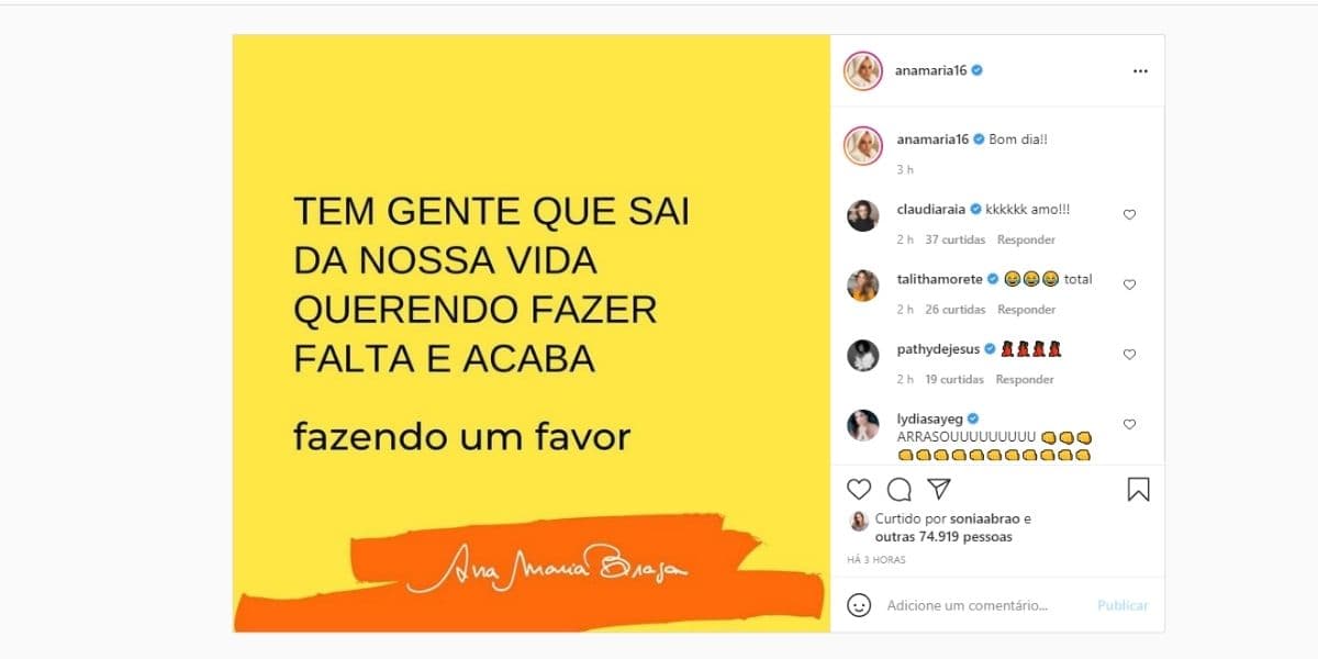 Ana Maria compartilha mensagem, após ver ameaças de ex (Reprodução) Ana Maria compartilha mensagem, após ver ameaças de ex (Reprodução)