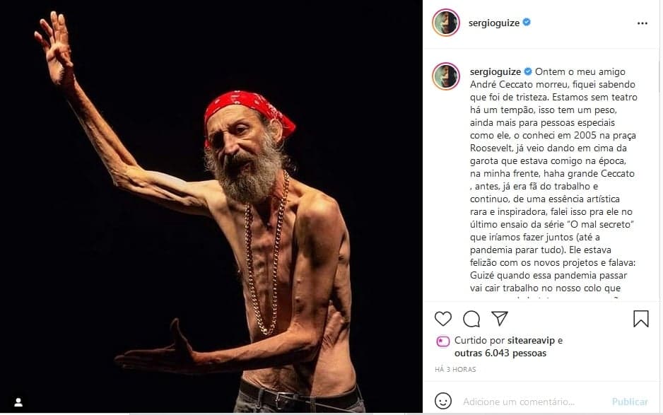 Publicação de Sergio Guizé lamentou a morte de André Ceccato (Imagem: Reprodução)
