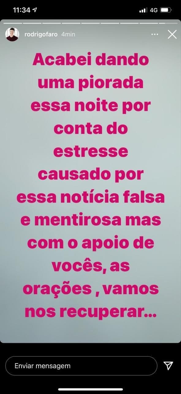 Rodrigo Faro comentou que teve uma piorada após se estressar com falsas notícias envolvendo o seu nome (Foto: Reprodução)