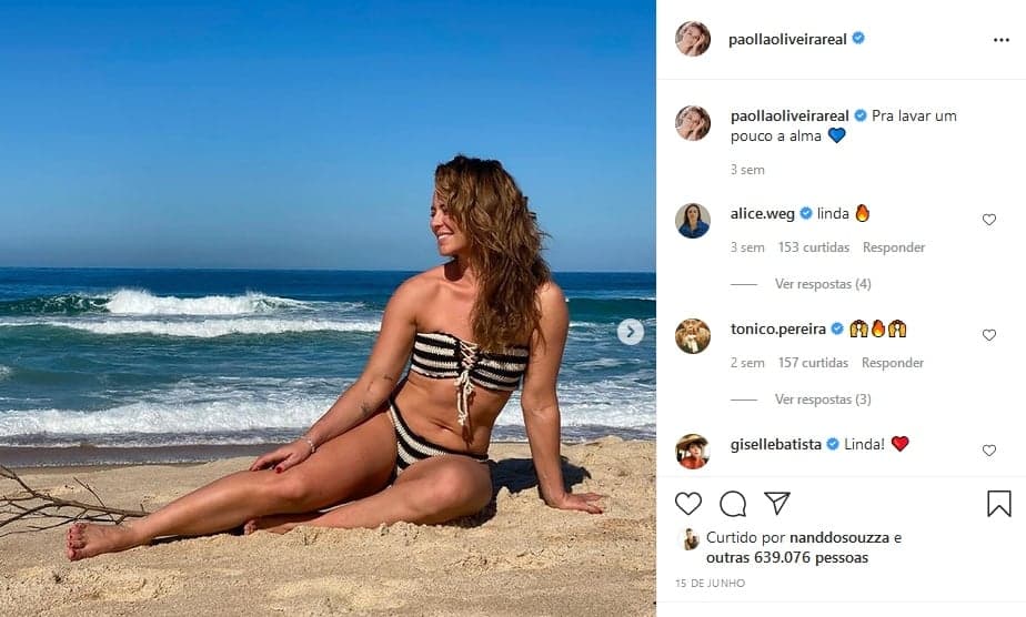 Paolla Oliveira surgiu com parte íntima espremida em foto com biquíni de renda (Imagem: Reprodução)
