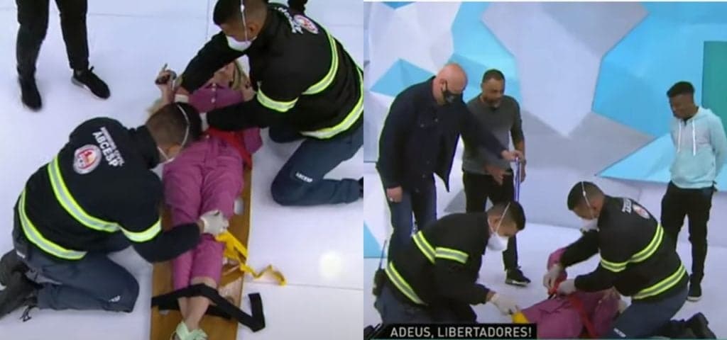 Renata Fan passa mal ao vivo no Jogo Aberto e bombeiros da Band saem com apresentadora na maca: "É urgente"