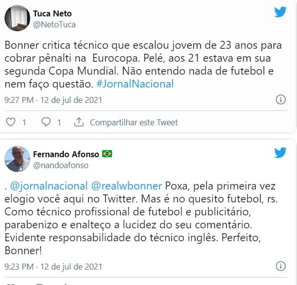 Reações de internautas ao verem posicionamento de William Bonner (Reprodução) Reações de internautas ao verem posicionamento de William Bonner (Reprodução)