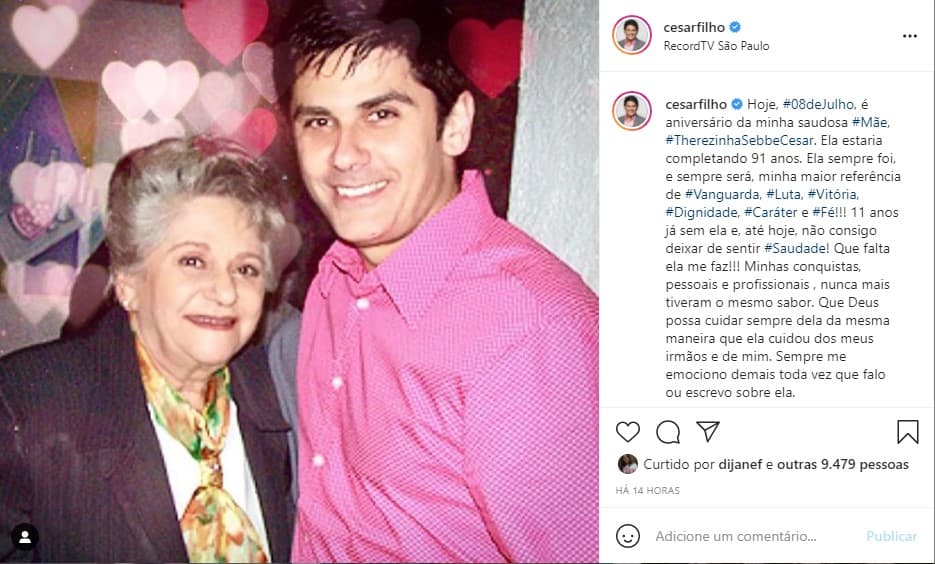 César Filho se emociona em textão para a falecida mãe (Foto: Reprodução)
