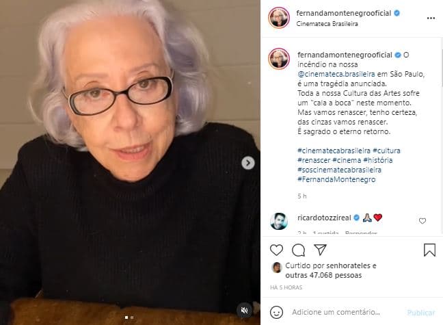 Fernanda Montenegro, da Globo, criticou o governo (Foto: Reprodução/Instagram) Fernanda Montenegro, da Globo, criticou o governo (Foto: Reprodução/Instagram)