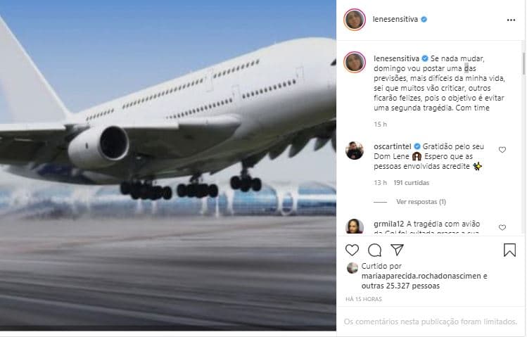 Lene Sensitiva divulgou terrível previsão, após acidente com o time da Chapecoense (Foto: Reprodução/Instagram) Lene Sensitiva divulgou terrível previsão, após acidente com o time da Chapecoense (Foto: Reprodução/Instagram)