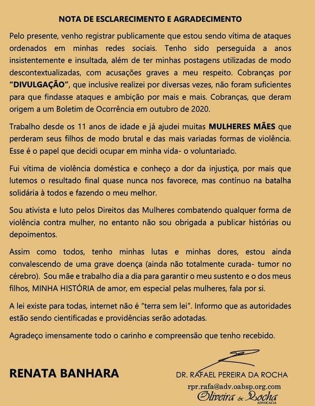 Renata Banhara faz nota de esclarecimento e expõe doença grave (Foto: Reprodução)