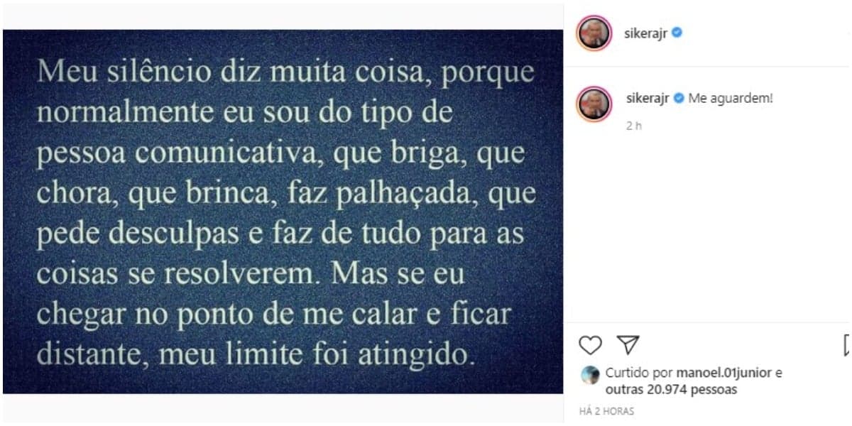 Sikêra Jr. fez ameaça no Instagram - Foto: Reprodução Sikêra Jr. fez ameaça no Instagram - Foto: Reprodução