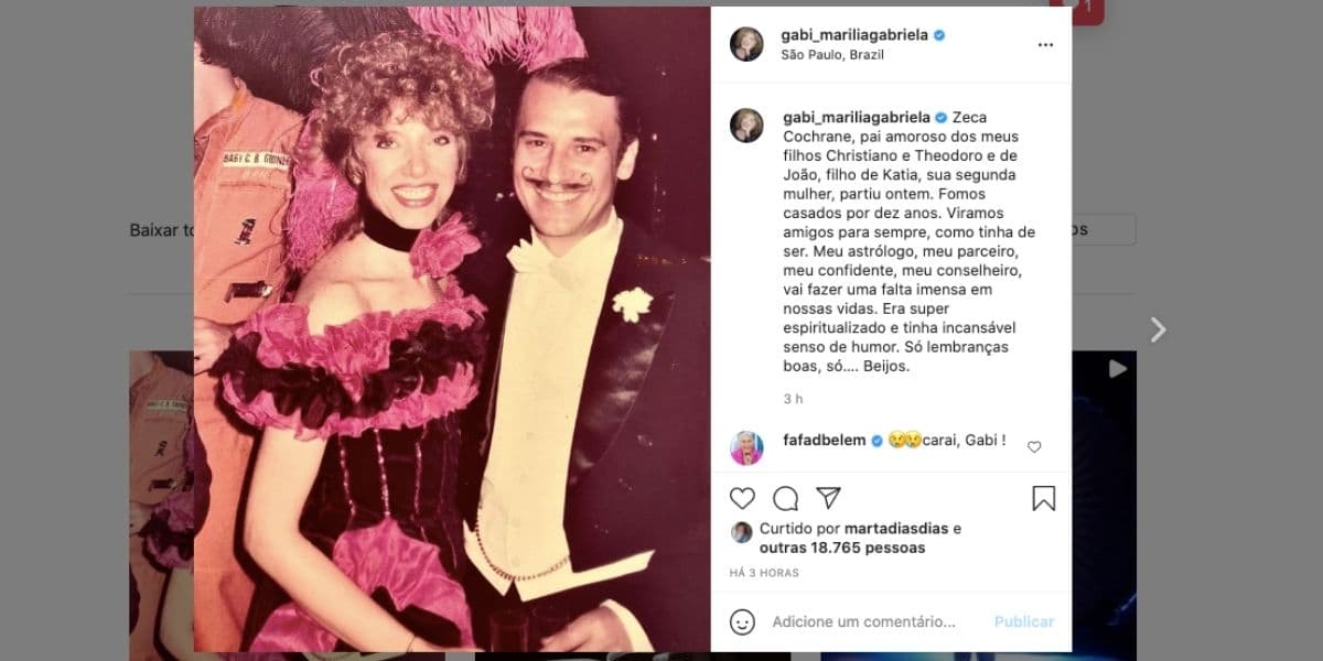 Marília Gabriela lamenta morte de ex-marido Zeca (Reprodução) Marília Gabriela lamenta morte de ex-marido Zeca (Reprodução)